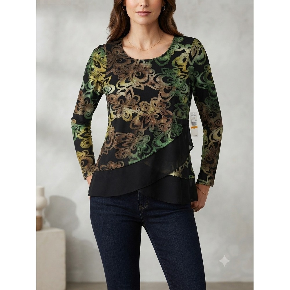Karen Kane Womens Multicolor Tie Dye Burnout 3/4 Sleeve Top Scoop Neck S Harvest